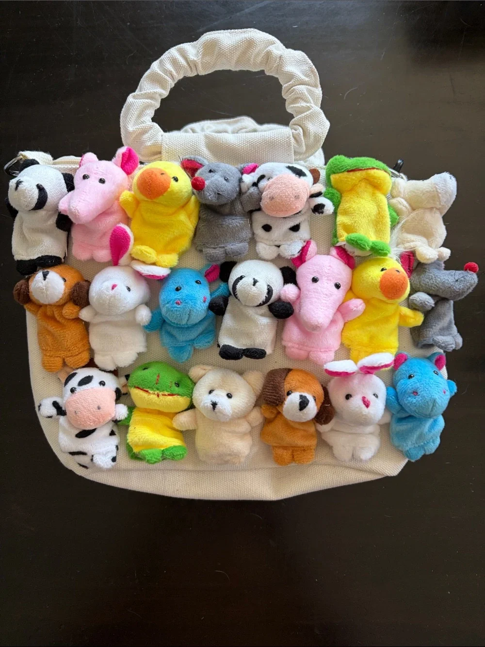 Kids Plush Finger Puppet Canvas Tote Bag - White with Multicolor Plush Animals